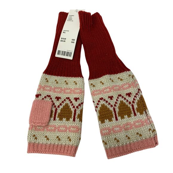 Urban Outfitters Fair Isle Fingerless Mittens Gloves Red Pink Brown Hearts NEW - Picture 1 of 3